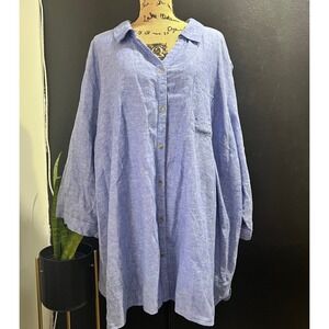 Catherines 5X 34/36W Blue Linen Blend Button Down Blouse‎ Plus Size